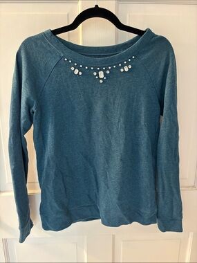 LOFT Teal Jeweled Crewneck Sweatshirt